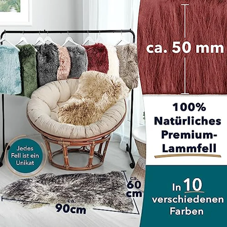 KARAT Lammfell echt - Marsala Flauschige Stuhlkissen Schaffell Deko Teppich für Wohzimmer & Kinderzimmer, Sitzauflage, Dekofell, mit Lederrücken 90x60 cm (Audrey) – Bild 7