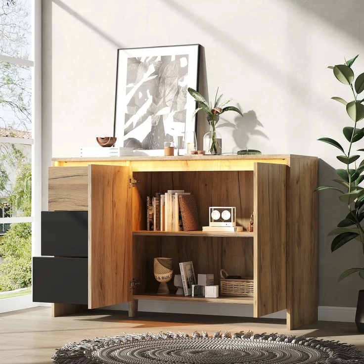 Sideboard B 120 x T 40 x H 76 cm in Holzoptik und Schwarz mit LED-Beleuchtung – Bild 1