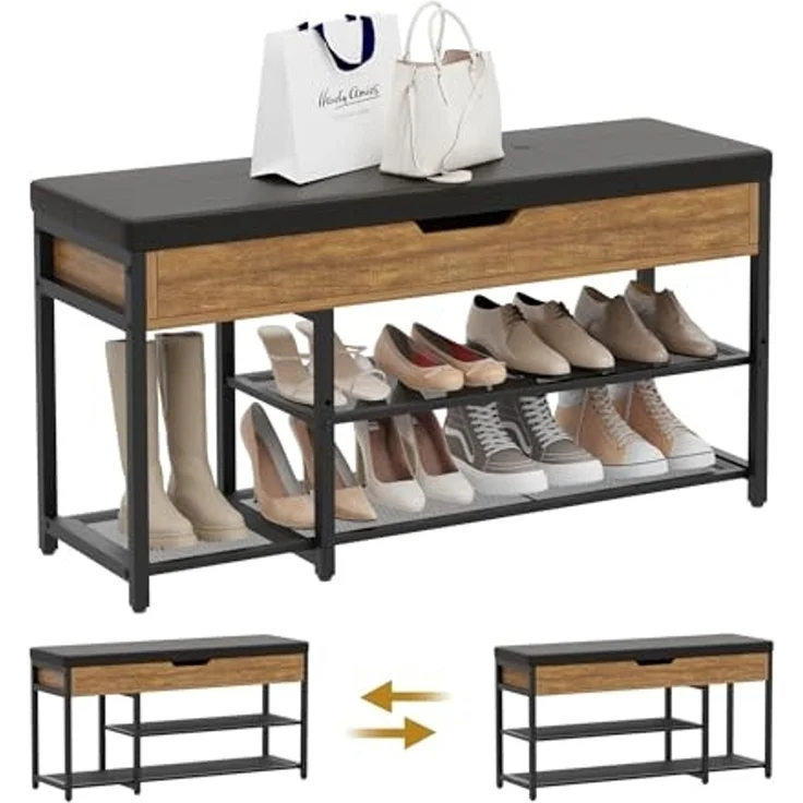 Mondeer Schuhbank Aufbewahrungsbank (3 Etagen), mit Verstellbarem Regal, mit gepolstertem Sitz und verdeckter Lagerung – Bild 4