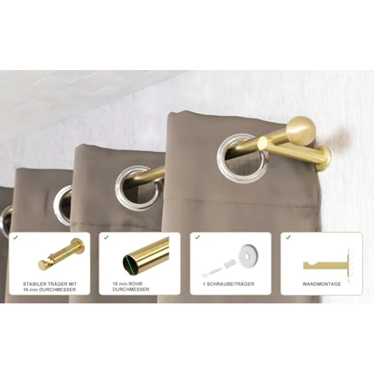 iso-design Gardinenstange 16 mm Farbe Messing Matt Endstück Kugel Wandmontage, Ø 16 mm, 1-läufig, Fixmaß, mit Bohren, Metall, Aluminiumrohr mit 2 mm Wandstärke – Bild 3