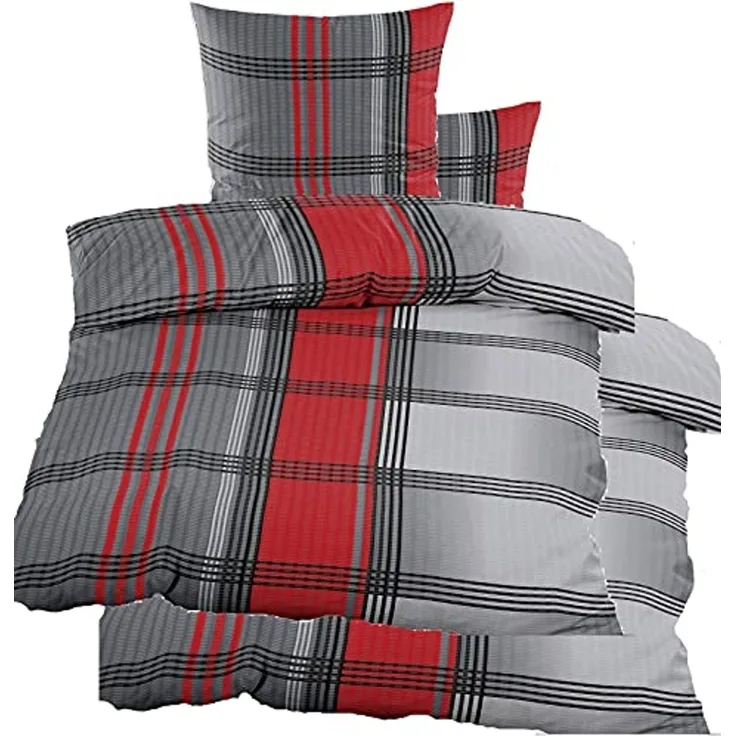 KH-Haushaltshandel Bettwäsche 4-tlg. Seersucker Bettwäsche 2x (135x200 +80x80cm), Seersucker, rot grau schwarz, kariert, bügelfrei, Microfaser