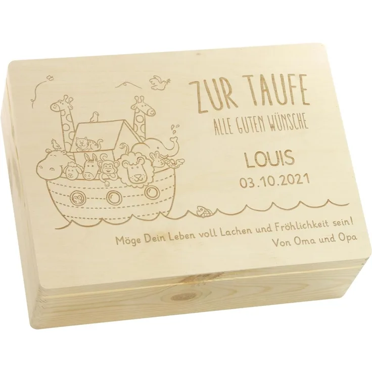LAUBLUST Erinnerungsbox Taufe - Arche Noah - Personalisiertes Taufgeschenk - Holzkiste ca. 40 x 30 x 14 cm, Natur, FSC®