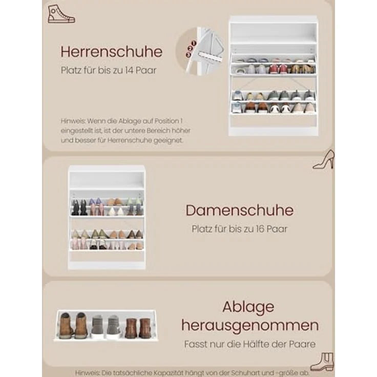 VASAGLE Schuhschrank 2 Klappen, Schuhkipper, Schuhregal, Schuhaufbewahrung, offenes Fach, Trennwand verstellbar, für 11-16 Paar Schuhe, Flur, 24 x 80 x 102 cm, wolkenweiß LBC048W01 – Bild 7