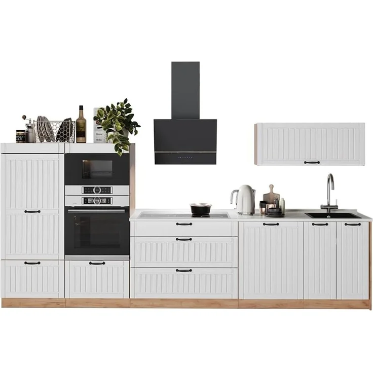 Küchenzeile Fame-Line Weiß Landhaus/Goldkraft Eiche 340 cm, AP Marmor Vicco – Bild 8