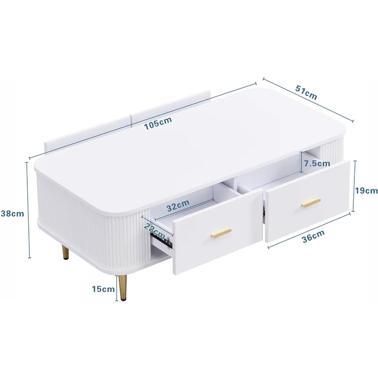 Couchtisch MDF mit 4 Schubladen & abgerundeten Kanten, 105x51x38 cm, Weiß – Bild 9
