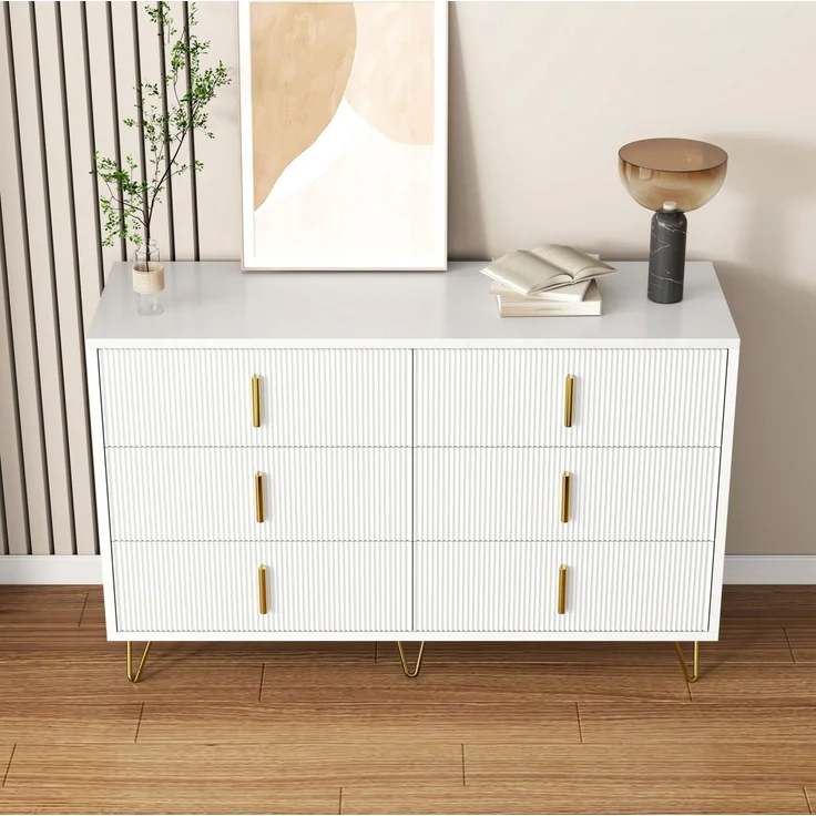 DESVIAE Sideboard mit 6 Schubladen, 120x77x40 cm, aus Spanplatte, Weiß/Gold – Bild 3