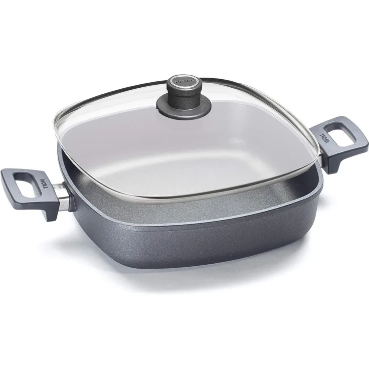 Woll Servierpfanne Nowo Titanium 28 x 28 cm/ H: 7 cm Guss-Alu Viereckpfanne Sicherheitsglasdeckel nicht induktionsgeeignet Alle Herdarten (ausgenommen Induktion) ofenfest bis 250 °C & spülmaschinenfest