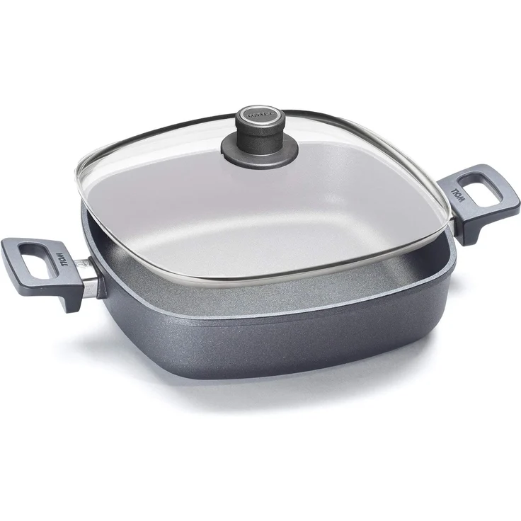 Woll Servierpfanne Nowo Titanium 28 x 28 cm/ H: 7 cm Guss-Alu Viereckpfanne Sicherheitsglasdeckel nicht induktionsgeeignet Alle Herdarten (ausgenommen Induktion) ofenfest bis 250 °C & spülmaschinenfest – Bild 1