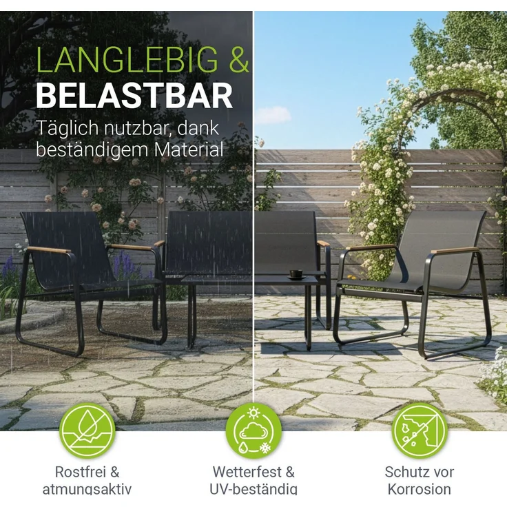 Juskys Gartenmöbelset Genua 4-tlg. – Anthrazit, Outdoor Sitzgruppe mit Armlehnen, Tisch & Bank, wetterfestes Textil, LongLife Stahlgestell – Bild 3