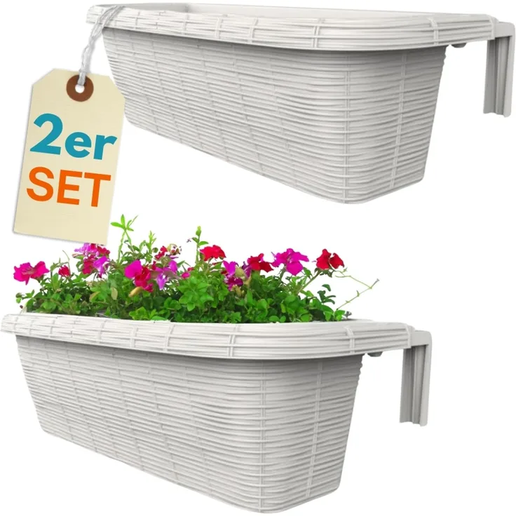 GarPet Balkonkasten 2er Set Blumen Kasten Balkon Geländer Wasserspeicher Rattan Weiß 60 cm