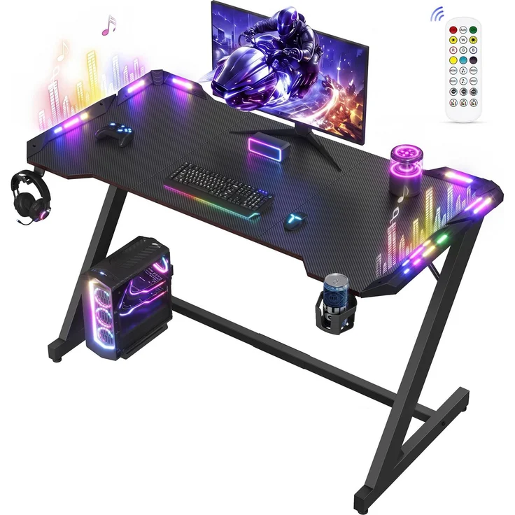 VASAGLE Gaming Tisch mit LED, Z-Förmig, 120 x 60 x 76 cm | Gamer Tisch, Stahl, Holzspanplatte, mit Kopfhörerhaken, Kohlschwarz und Tintenschwarz, BLOSS Kollektion, LWD412B101