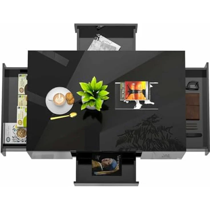 Makika LED Couchtisch mit Ablagefach und Schubladen, Holz schwarz, Hochglanz, 95 x 57 x 45 cm – Bild 6