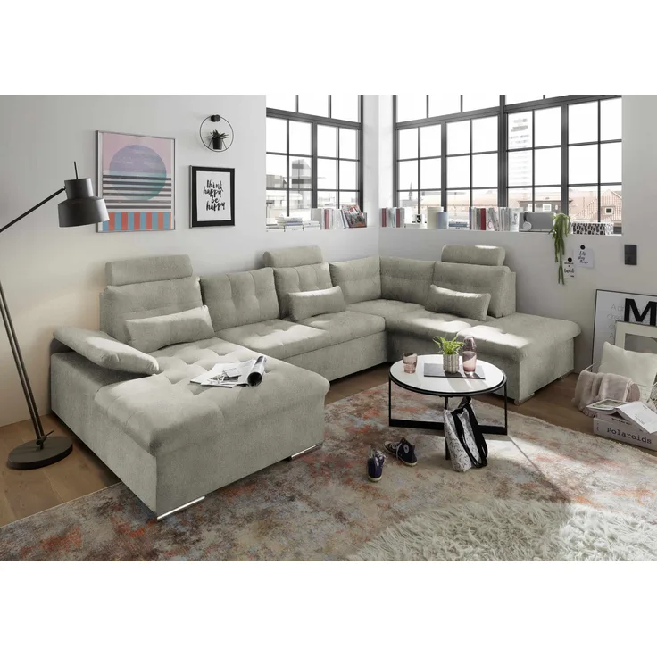 U-Form Sofa mit Schlaffunktion und Bettkasten - Stone - Medan XXL