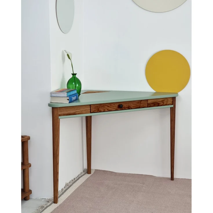 Ragaba Eckschreibtisch mit Schublade, MDF & Massives Eschenholz Eiche gebeizt, 114x61 cm, Salbei Grün – Bild 3