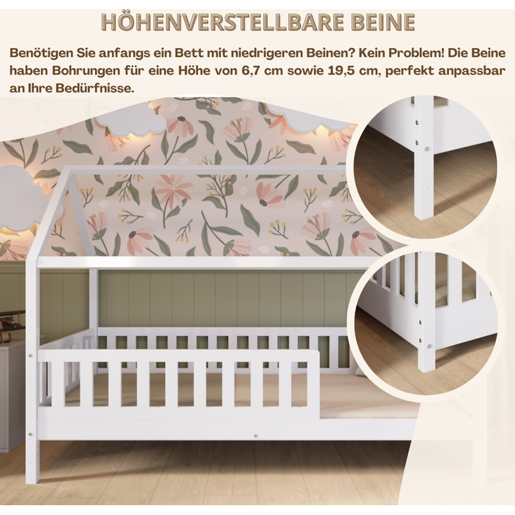 Crazy Pine 'Crazy Blanco' Hausbett mit Rausfallschutz, Skandinavisches Design, Naturholz, Weiß, 120x200 cm, mit Höhenverstellbaren Beinen – Bild 6