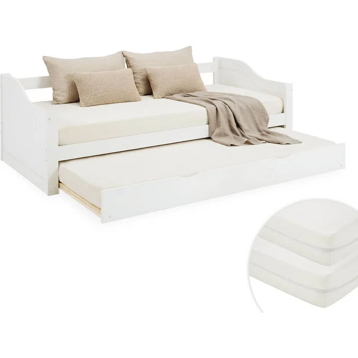 Gästebett Holzbett 90x200 cm mit 2 Matratzen Weiß Tagesbett ausziehbar Jugendbett Ausziehbett Funktionsbett – Bild 1