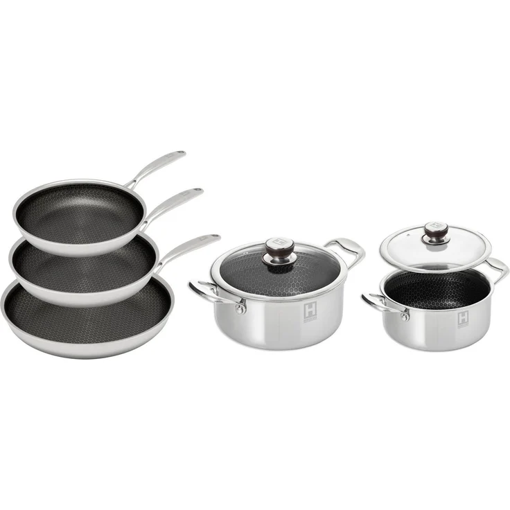 HENSSLERS Pfannen-Set, Edelstahl (Set, 7-tlg, je 1 Pfanne Ø 20/24/28 cm, je 1 Kochtopf Ø 20/24 cm), 3-Schicht Material, Wabenstruktur und Antihaftbeschichtung, Induktion – Bild 1