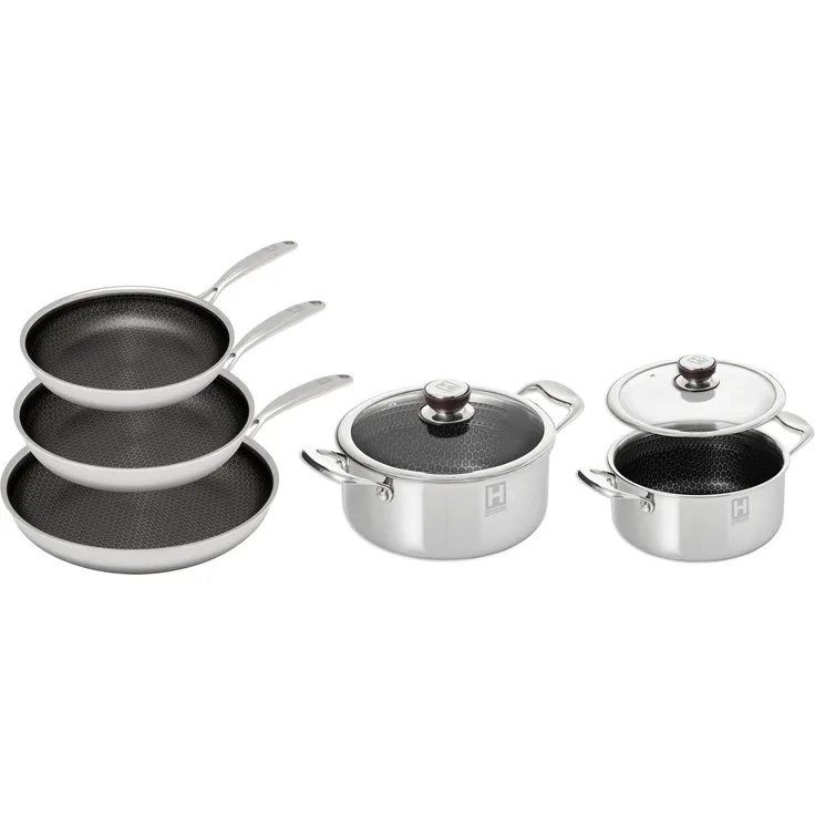 HENSSLERS Pfannen-Set, Edelstahl (Set, 7-tlg, je 1 Pfanne Ø 20/24/28 cm, je 1 Kochtopf Ø 20/24 cm), 3-Schicht Material, Wabenstruktur und Antihaftbeschichtung, Induktion