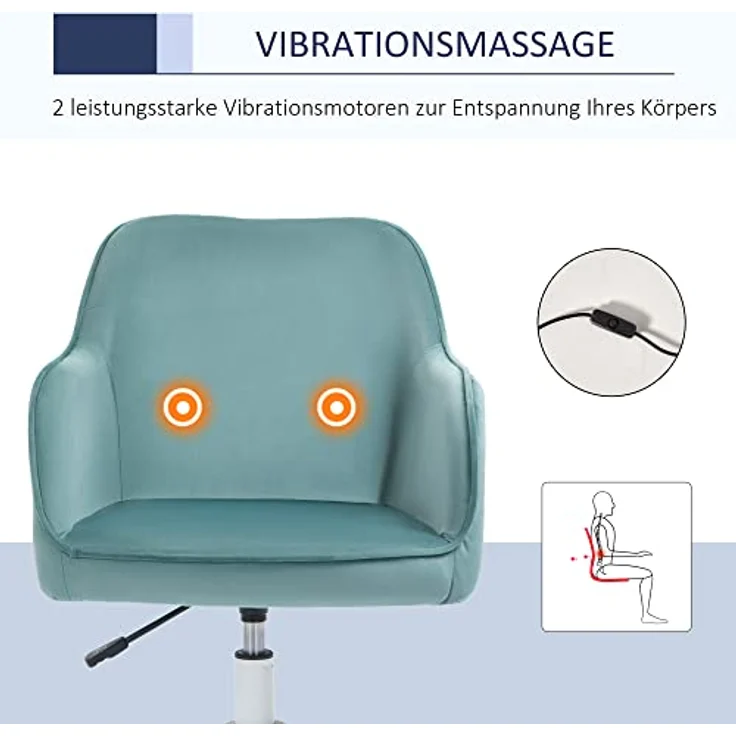 Vinsetto Massage-Drehstuhl, grüner Bürostuhl mit Lendenkissen und USB-Vibrationsfunktion, 70x86x57 cm – Bild 4
