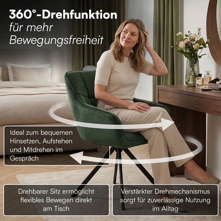 skølm 'Sköll' Esszimmerstühle, 6er Set, dunkelgrün, gepolstert mit Samt-Bezug, höhenverstellbar & drehbar, Polsterstühle mit Armlehnen, bis 150 kg belastbar – Bild 2
