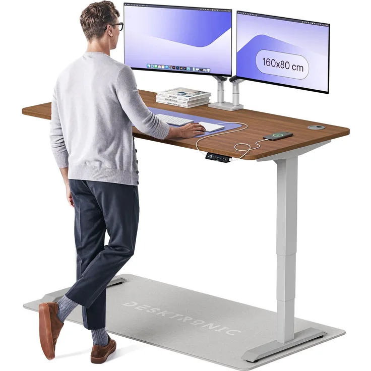 Desktronic HomePro Elektrisch höhenverstellbarer Schreibtisch 160x80cm Grau/Walnuss mit Memory-Funktion, Anti-Kollisions Technologie, USB-A und USB-C-Ladeanschlüssen