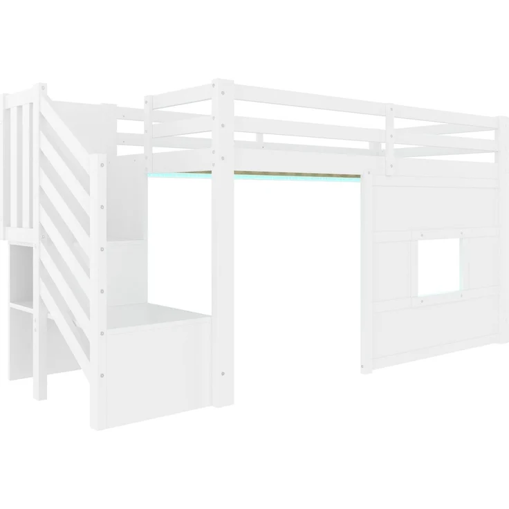 Hochbett mit Lattenrost und LED-Beleuchtung, 90x200 cm, Treppe mit Regal, Kinderbett mit Rausfallschutz, Spielbett, Kiefer – Bild 6