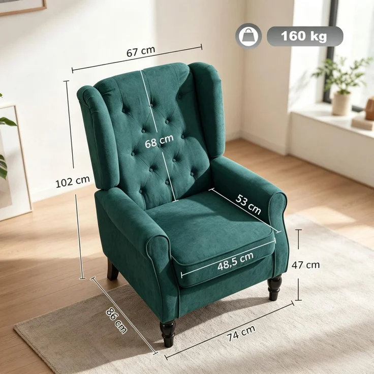 Ohrensessel 1er-Set 74x86x102 cm, dunkelgrün, gepolstert mit Eukalyptusholzbeinen – Bild 5