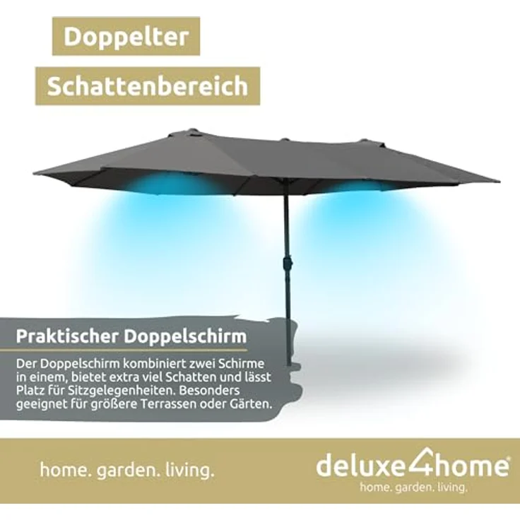 deluxe4home XXL Doppelsonnenschirm 450cm x 260cm, handkurbelbetrieb, anthrazit, doppelseitig faltbar, 180 g/m² Polyester – Bild 2