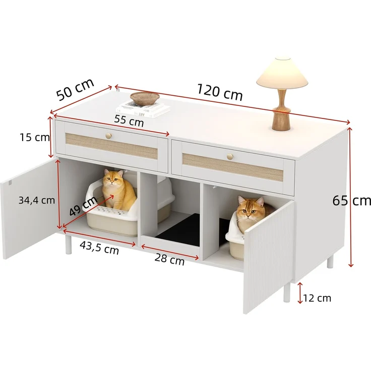 Katzentoilettenschrank mit Katzenstreufangmatte, Katzenstreuschrank, Haustierschrank mit Rattanschublade, Haustier-Sideboard/TV-Schrank, ohne Katzenstreu-Box, Weiß, 120x50x65 cm – Bild 9