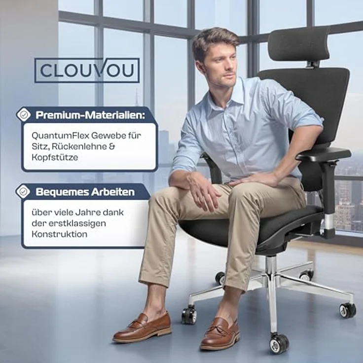 Clouvou MasterSeat Drehstuhl, Schwarz, Textil, ergonomisch, IGR-zertifiziert, höhenverstellbar mit 4D-Armlehnen und Phantom Wheels – Bild 7