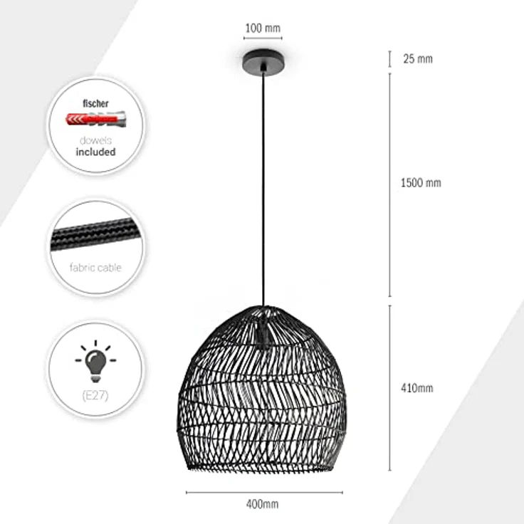 Paco Home Pendelleuchte ORNA, ohne Leuchtmittel, Pendellampe Rattan Korb Boho Modern Esszimmerlampe Natur Vintage E27 – Bild 4