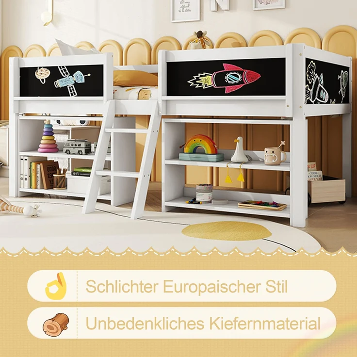 Kinder Halbhohes Bett 90x200 cm mit Aufbewahrungsfächern,Sicherheitsgeländer,stabile Leiter, Zeichentafel,multifunktionales Hochbett – Bild 6