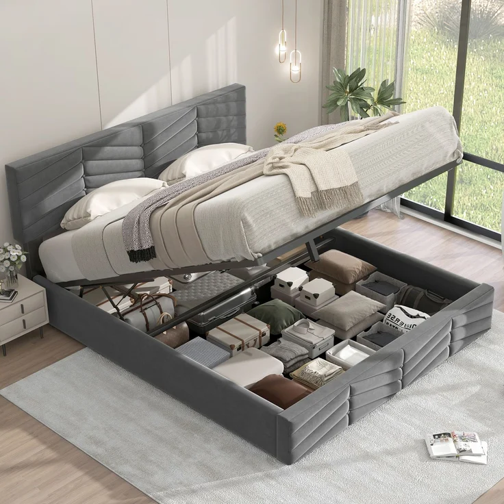 Novelux Polsterbett 140x200 mit Stauraum & höhenverstellbarem Kopfteil – Samt Grau, hydraulisches Doppelbett mit Lattenrost, ohne Matratze – Bild 2
