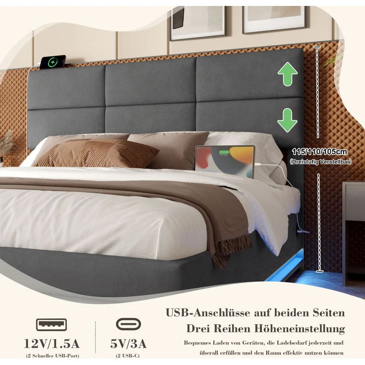 Boxspringbett Samt Grau Höhenverstellbar 160x200 cm mit LED Beleuchtung USB Anschluss Hydraulik Stauraum Kopfteil Doppelbett – Bild 7