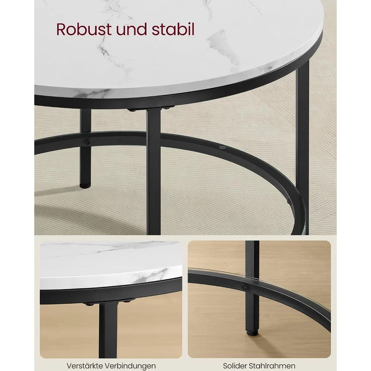Vasagle Couchtisch mit Glasplatte, Holz / Stahl, Marmorweiß-Tintenschwarz, Ø 65x46 cm – Bild 6