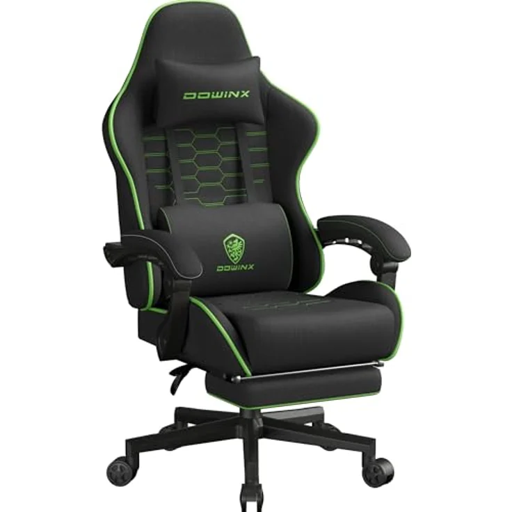 Dowinx Gaming Stuhl Tasche Frühling Kissen, Atmungsaktiver Bürostuhl aus Hochwertigem Stoff, Ergonomischer PC-Stuhl mit Kopfstütze, Drehbarer Schreibtischstuhl mit Fußstütze (Schwarz und Grün) – Bild 2