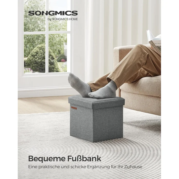 Songmics 30 cm Sitzbank mit Stauraum, klappbare Sitztruhe, Aufbewahrungsbox, Fußbank, hellgrau LSF028G02 – Bild 3