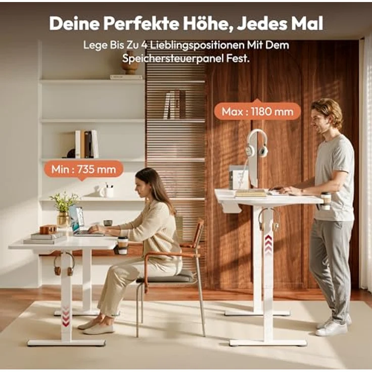 SANODESK Höhenverstellbarer Schreibtisch 160x60 cm mit Memory-Funktion, Elektrischer Steh-Sitz Tisch für Heimbüro, Ergonomischer Computertisch mit Modernem Design und Vierteiliger Tischplatte, Weiß – Bild 5