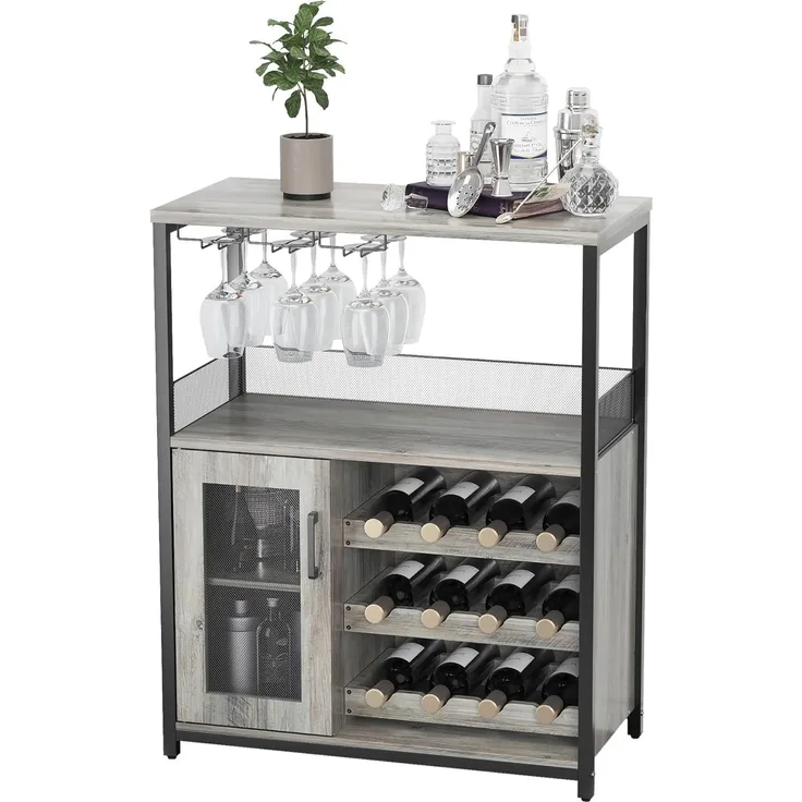 Garvee Weinschrank Industrial, Weinregal mit Glashalter und Stauraum | Industrial Weinschrank mit verstellbarem Weinregal, Glashalter, Getränkeaufbewahrung, 70 x 35 x 92 cm und grauem Design