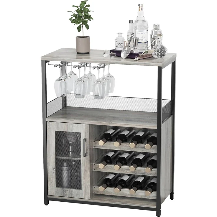 Garvee Weinschrank Industrial, Weinregal mit Glashalter und Stauraum | Industrial Weinschrank mit verstellbarem Weinregal, Glashalter, Getränkeaufbewahrung, 70 x 35 x 92 cm und grauem Design