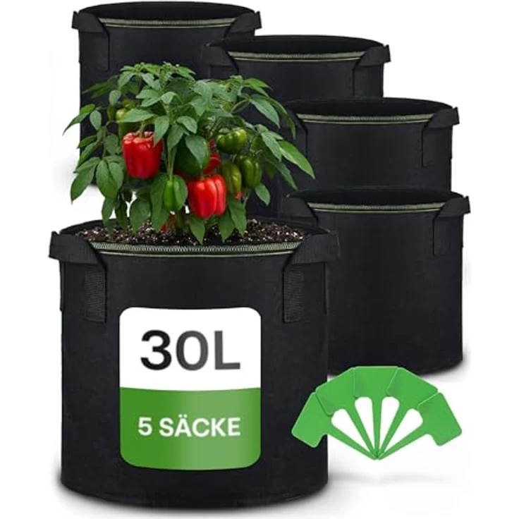 Praknu Pflanzkübel Pflanzsack 30l - 5 STK aus Vliesstoff mit 5 Schilder zum Beschriften (5er Set, 5 St), mit Griff - Für Gemüse, Pflanzen & Blumen - Stofftöpfe - Grow Töpfe – Bild 2