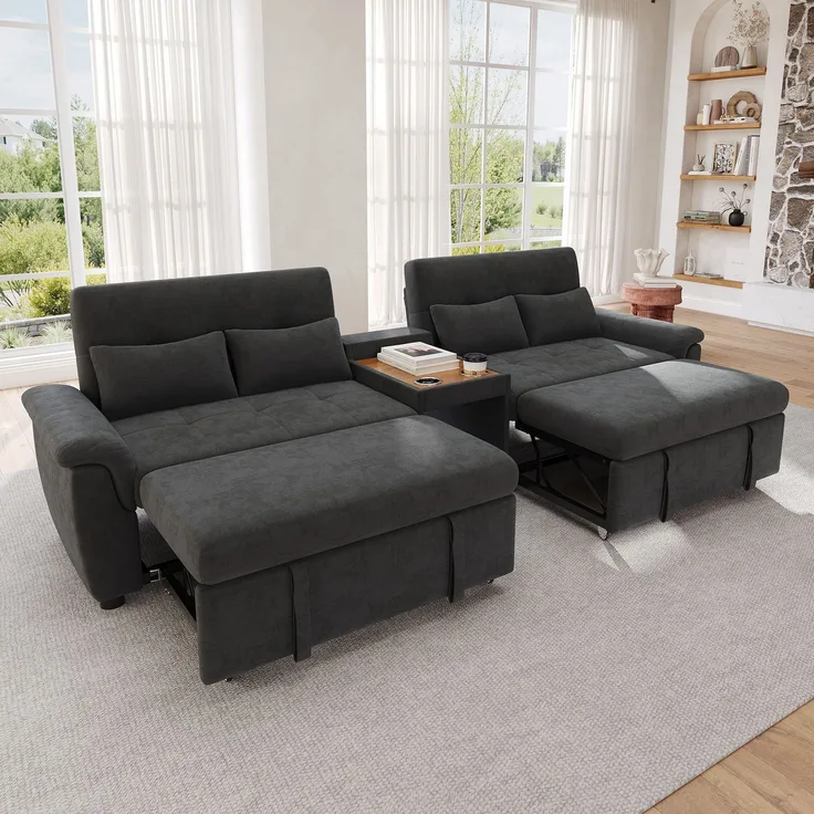 Merax U-förmiges Schlafsofa, ausziehbar, Doppel-Schlafauszug, verstellbare Rückenlehne, Haustierbereich, Couchtisch mit 2 Becherhaltern, 4 Kissen, Chenille, Dunkelgrau, 284×138×89 cm