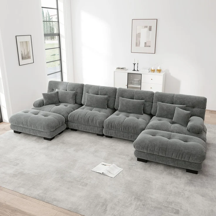 ZUBALIYA Modulare Wohnlandschaft, modular kombinierbar, mit Hocker, H 81 × T 145 × B 406 cm, Grau, Chenille – Bild 3