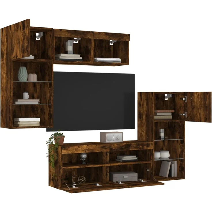 5-tlg. Wohnwand Schrankwand mit LED-Beleuchtung Räuchereiche Holzwerkstoff – Bild 4