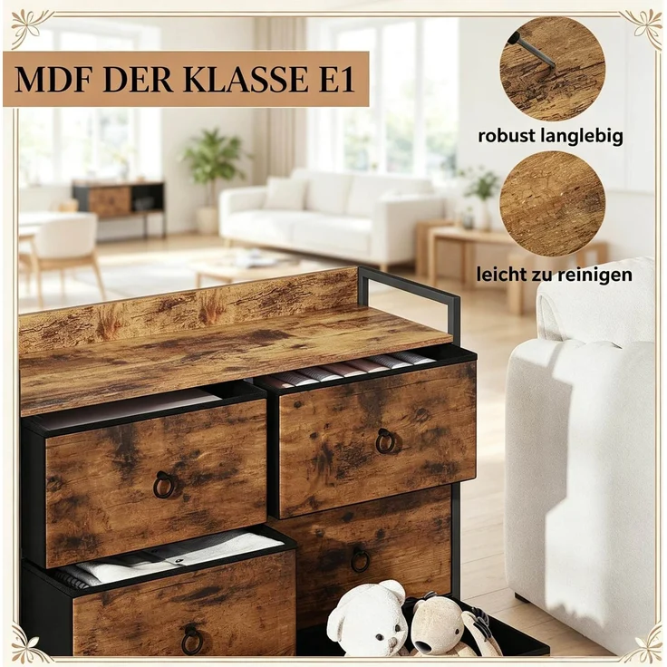DESVIAE Kommode mit 6 Stoffschubladen 80x78x29 cm Holzwerkstoff Metall Rustikal Braun Schwarz – Bild 4