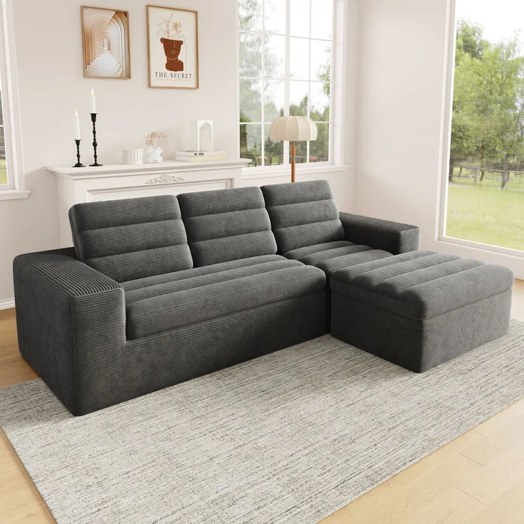 Ecksofa 253 x 161 x 89 cm in Dunkelgrau, modulares Cordsofa mit Hocker, rahmenloser Schaumstoffpolsterung – Bild 1