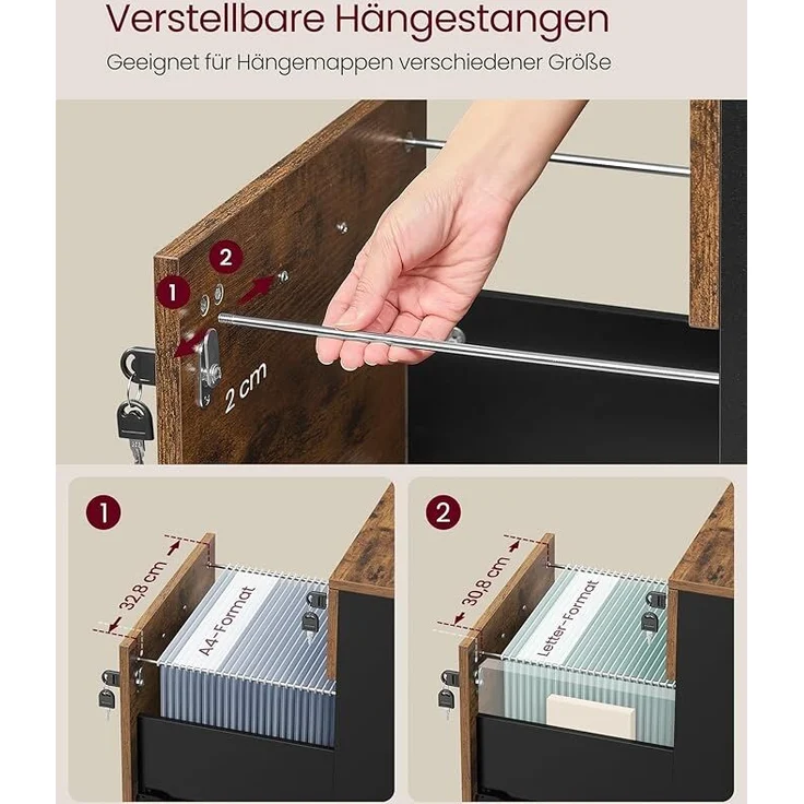 VASAGLE Rollcontainer, abschließbar, Aktenschrank mit 2 Schubladen, 5 Rollen und verstellbarer Hängeregistratur, strukturierte Oberfläche, für Dokumente im A4- und Letter-Format, vintagebraun-tintenschwarz LCD022K01 – Bild 5