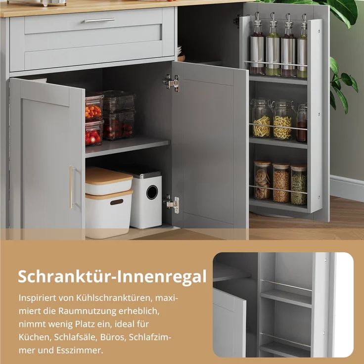Küchenwagen mit klappbarer Platte 132,5 x 44/70 x 90 cm, MDF in Eiche-Optik/Grau, mit Schublade – Bild 8