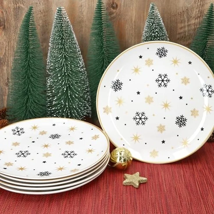 MamboCat Speiseteller 6x Stars schwarz & gold Speiseteller Steingut 6 Personen Essteller, Weihnachtsgeschirr, Weihnachten, Weihnachtsset, Geschirr – Bild 3
