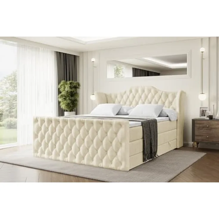 ALTDECOR VILA-Z KING Boxspringbett 180x200 cm, Beige Samt, 2 Matratzen (H3, H4), Topper, Bettkasten und Lattenrost, Polsterbett mit Stauraum